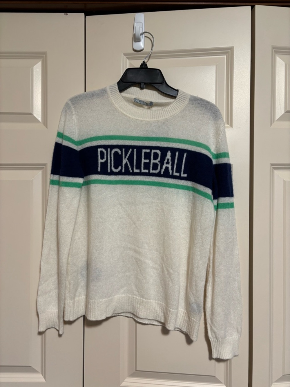 Pickleball cashmere Crewneck Sweater in White with Navy & green Stripes - Picture 2 of 7
